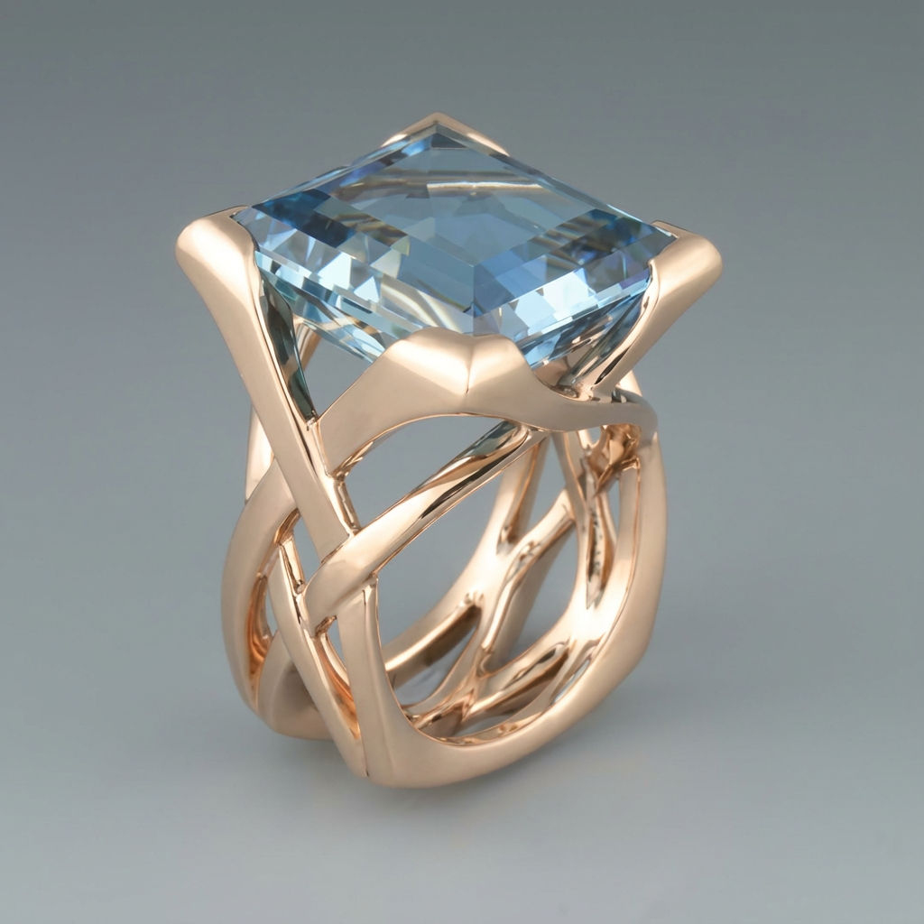 Roségouden ring met grote blauwe edelsteen en gevlochten band