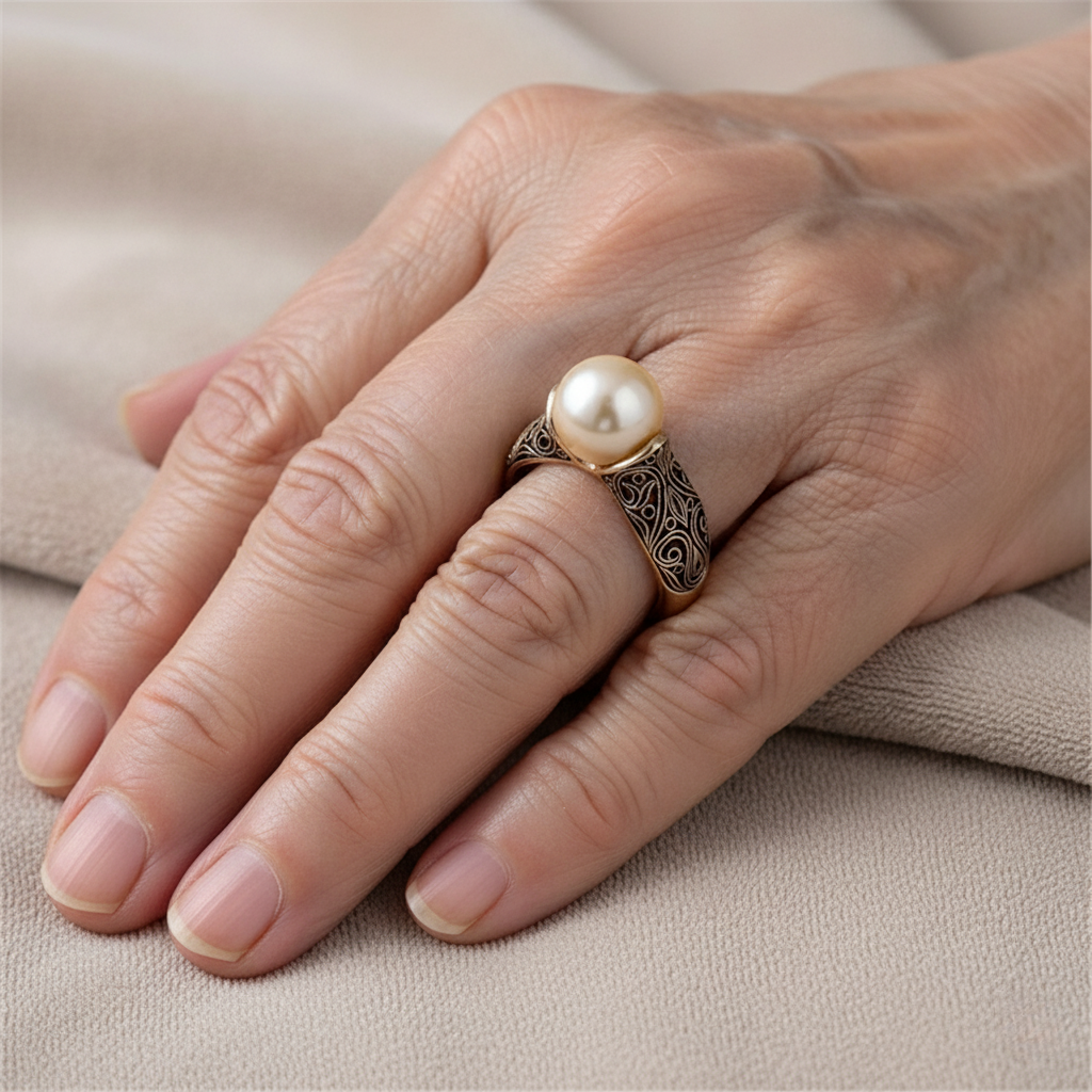 Gouden vintage ring met parel en gravering