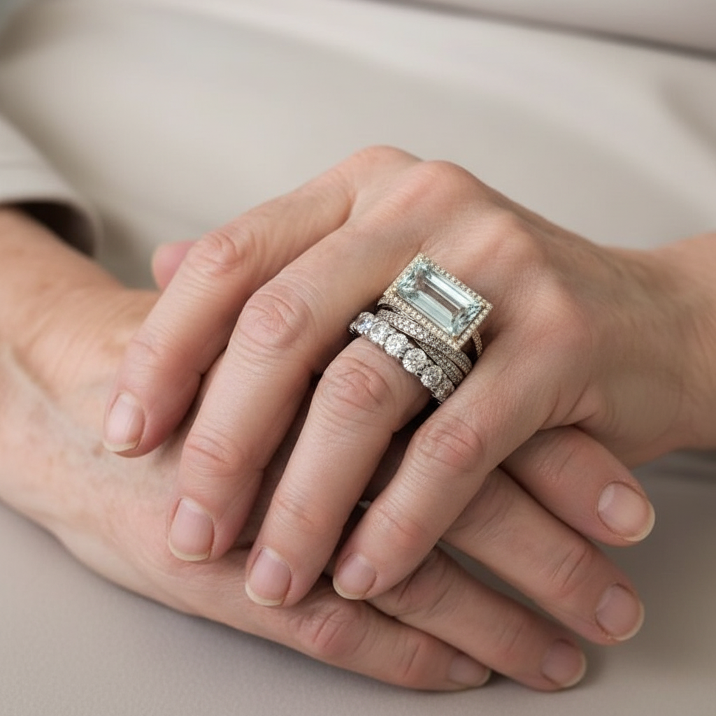 Zilveren ring met lichtblauwe aquamarijn en diamanten