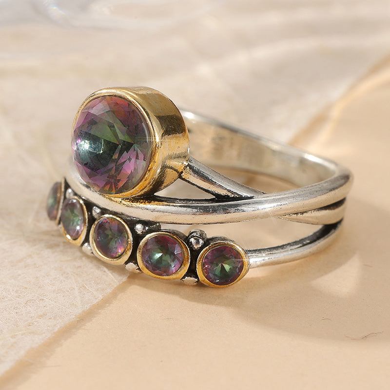 Zilveren ring met mystieke regenboog edelstenen