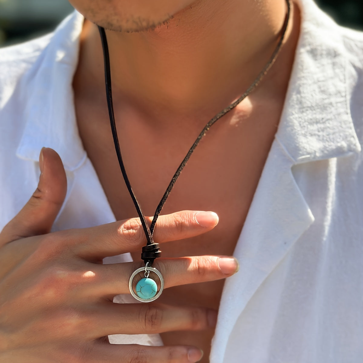 Bohemian ketting met zilveren ring en turkooizen steen