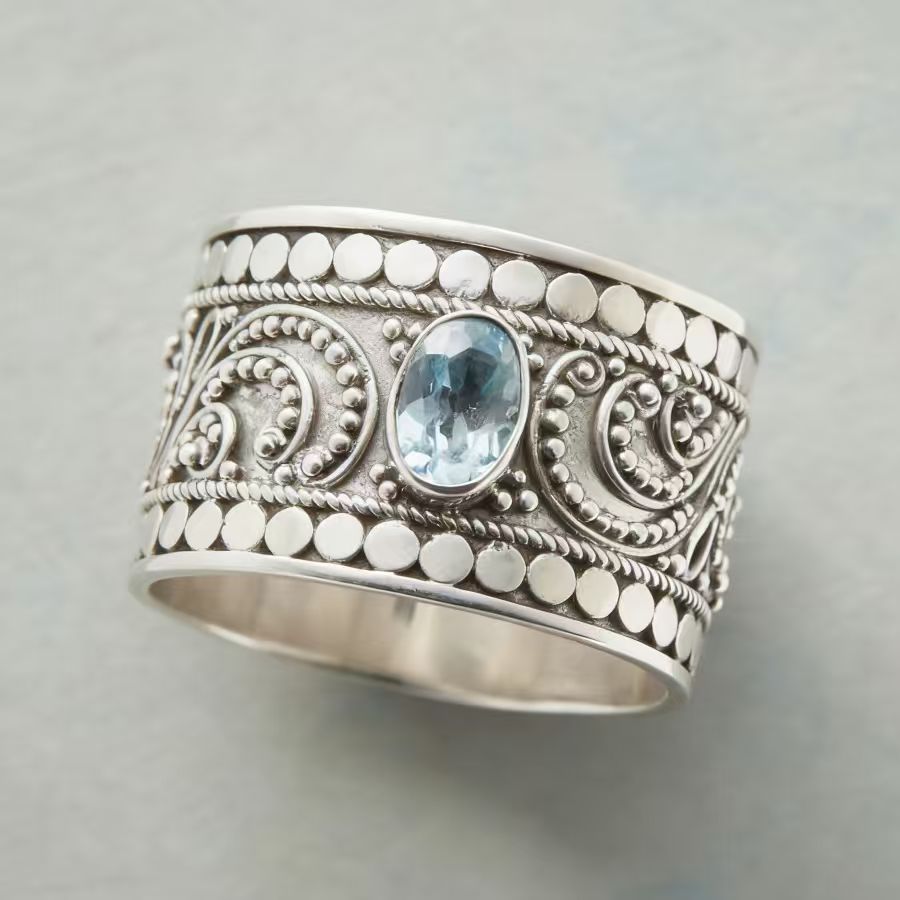 Zilveren bohemian brede ring met blauwe edelsteen