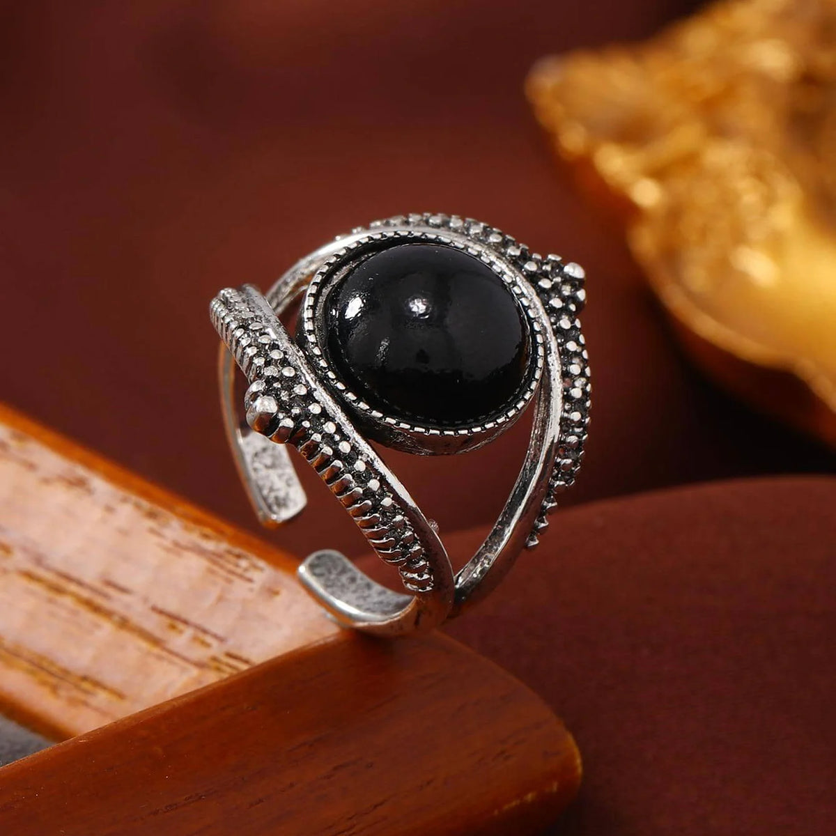 Zilveren vintage verstelbare ring met zwarte steen