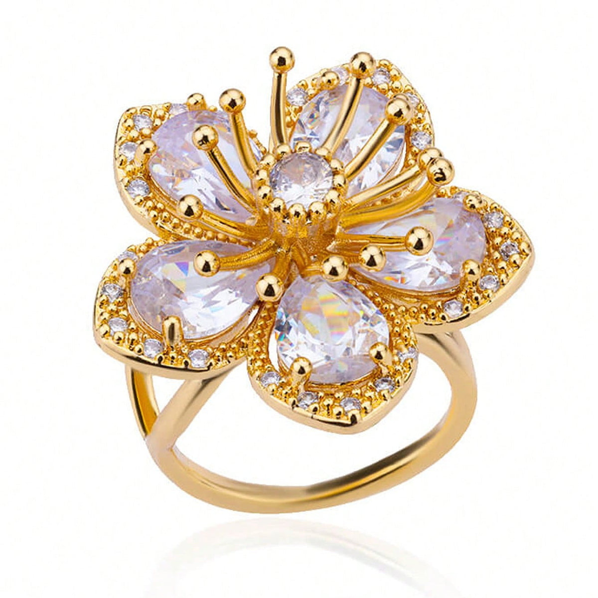 Gouden oorbellen met roze en witte zirkonia bloem