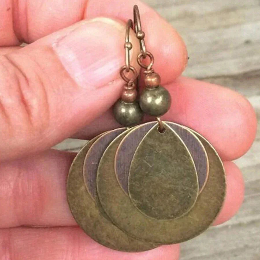 Bohemian bronzen oorbellen met dubbele ronde schijf