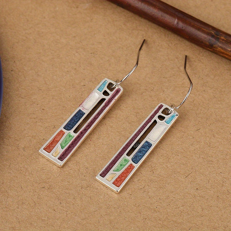 Zilveren bohemian oorbellen met kleurrijk emaille mozaïek