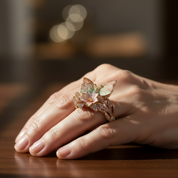 Gouden vintage ring met vlinder en bloemen