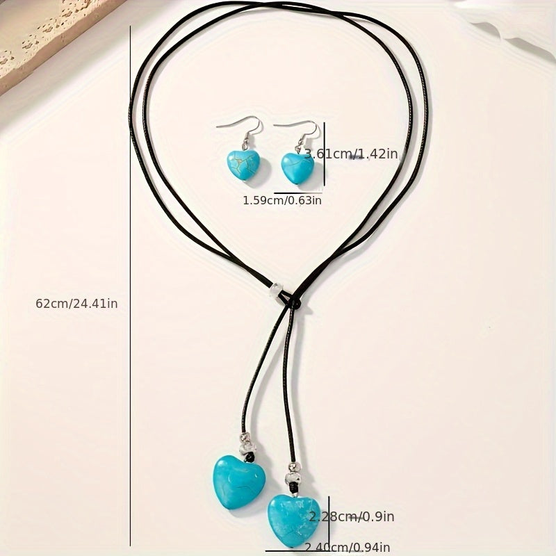 Bohemian sieradenset met turkooizen harten ketting en oorbellen