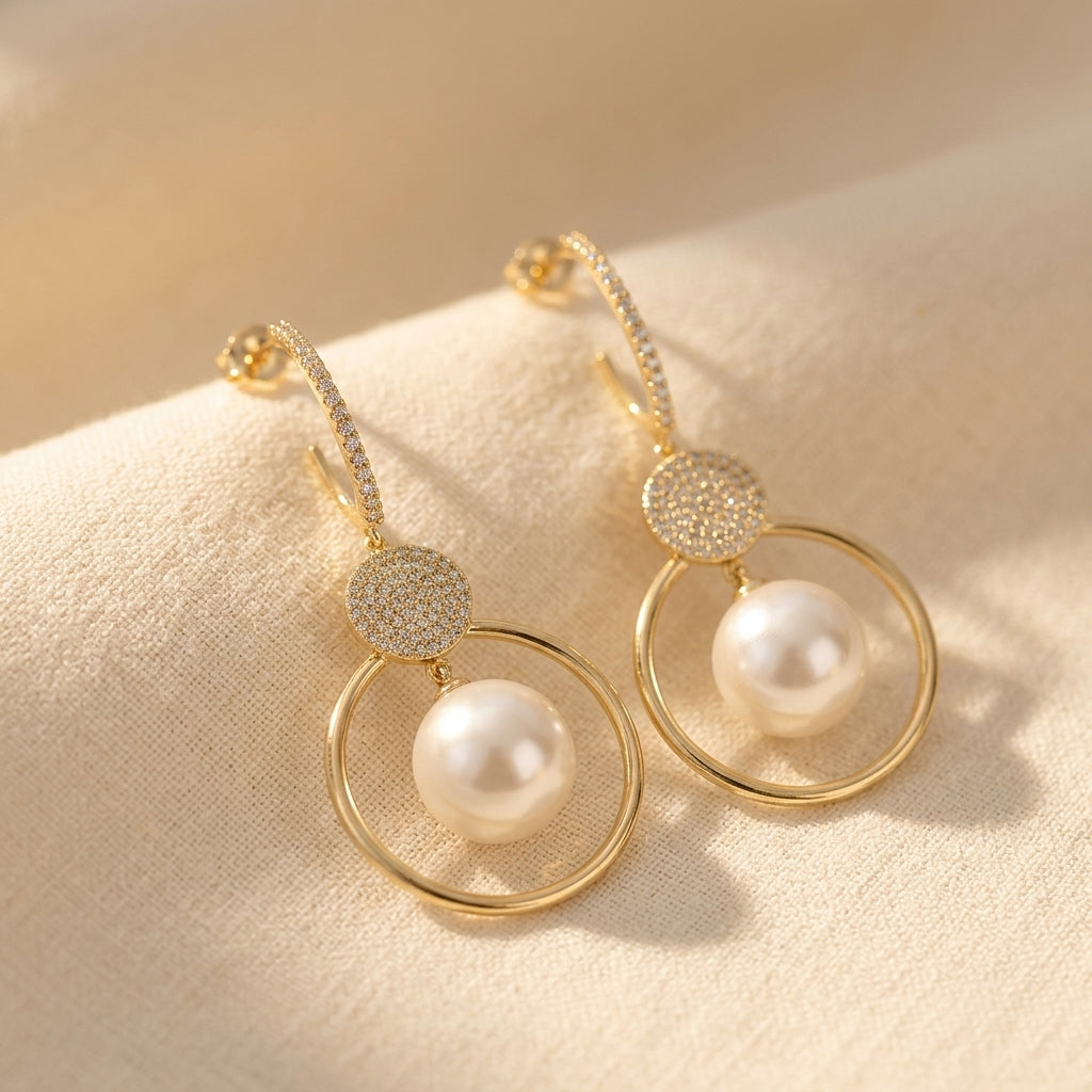 Gouden hangoorbellen met witte parel en zirkonia ring