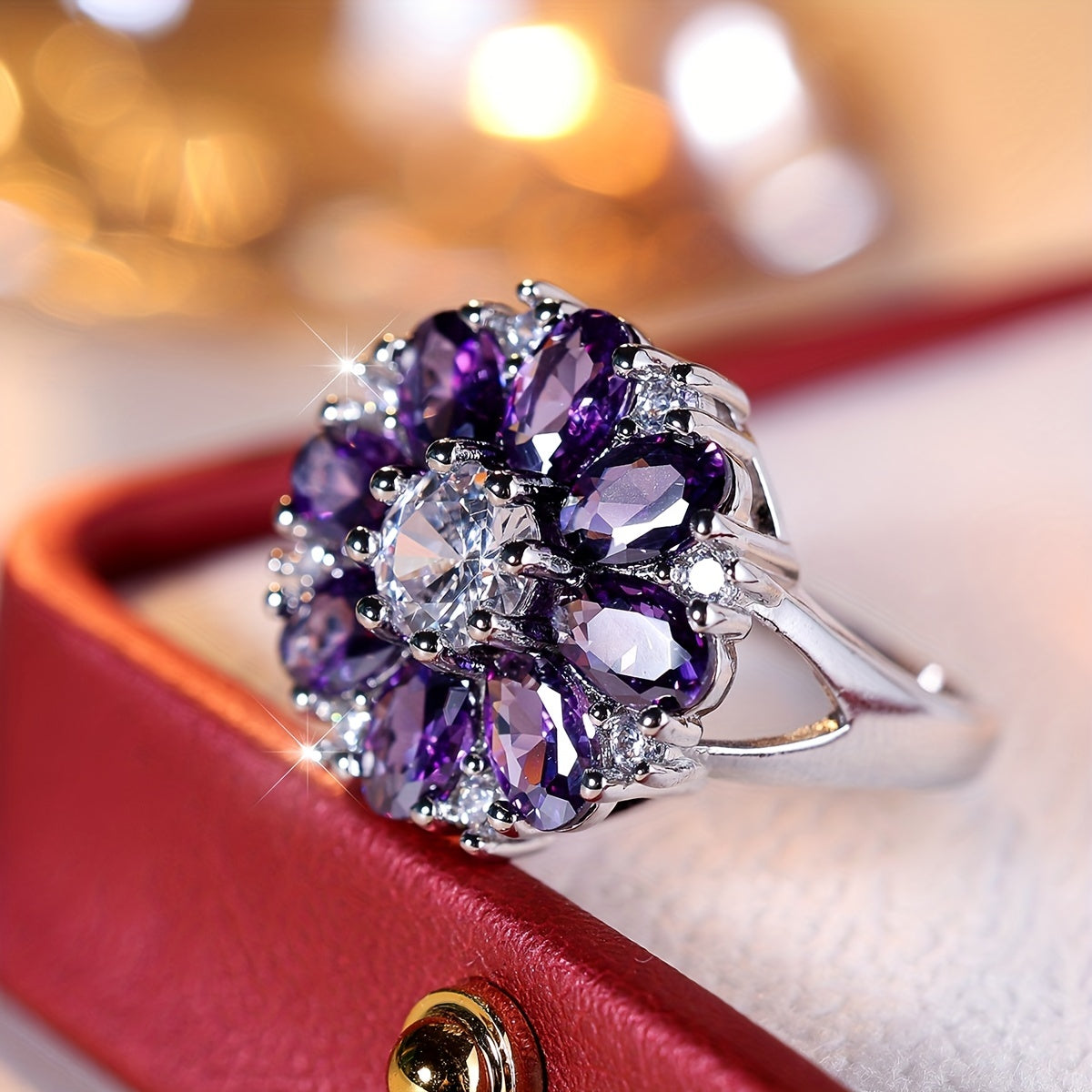 Zilveren ring met paarse en witte zirkonia bloem