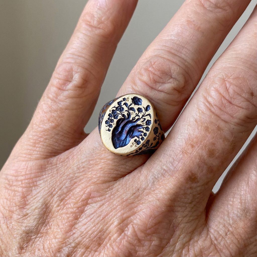 Gouden zegelring met blauw hart en bloemengravering