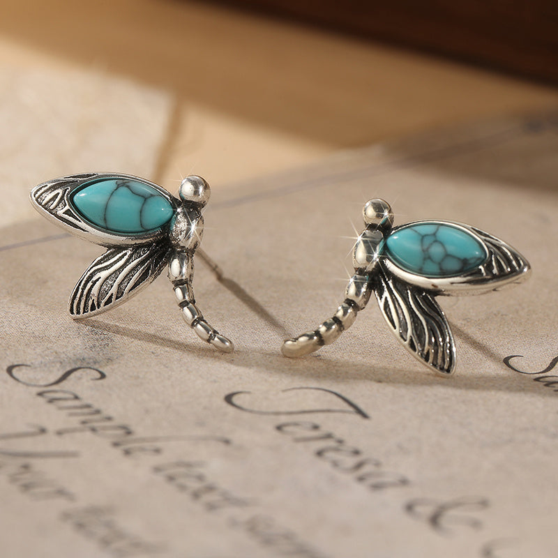 Zilveren oorbellen met libelle en turquoise