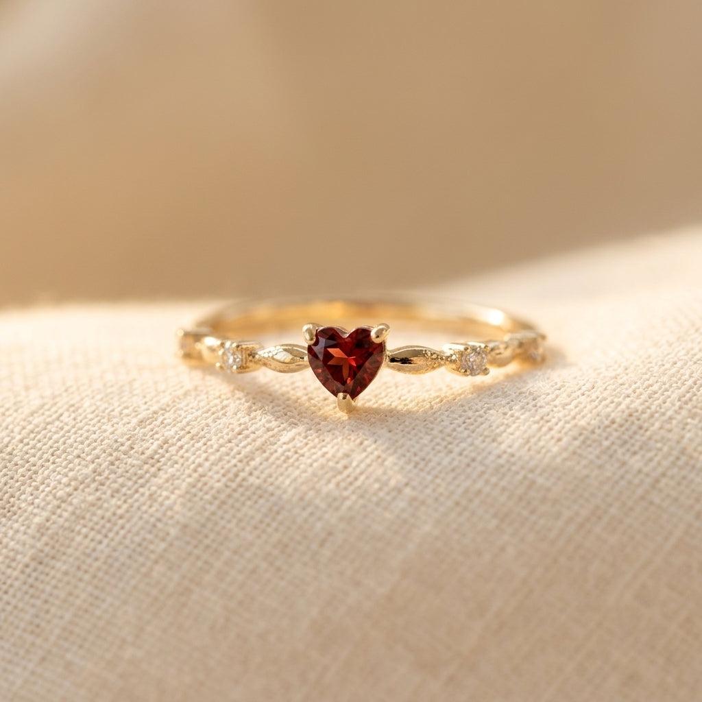 Gouden ring met rode hartvormige edelsteen
