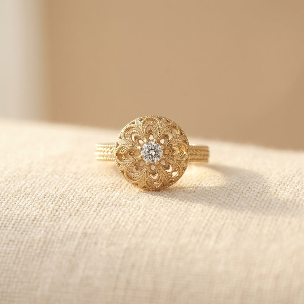 Gouden ring met rond mandala-medaillon en zirkonia