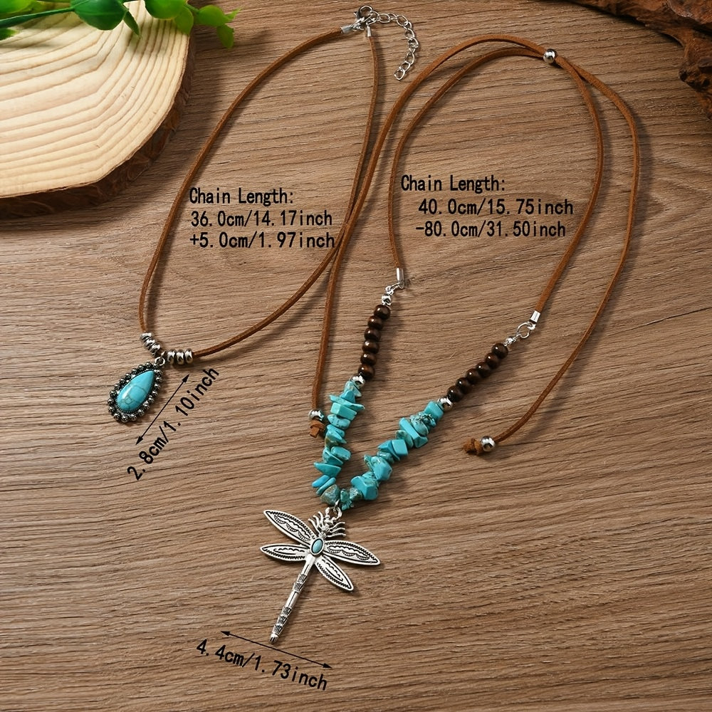 Bohemian dubbellaagse ketting met turkooizen kralen en libelle