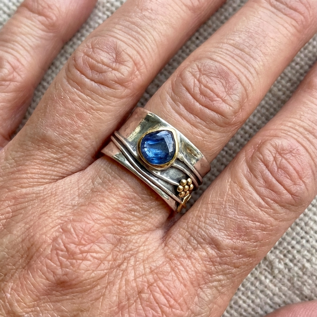 Zilveren brede ring met blauwe kyaniet in goud