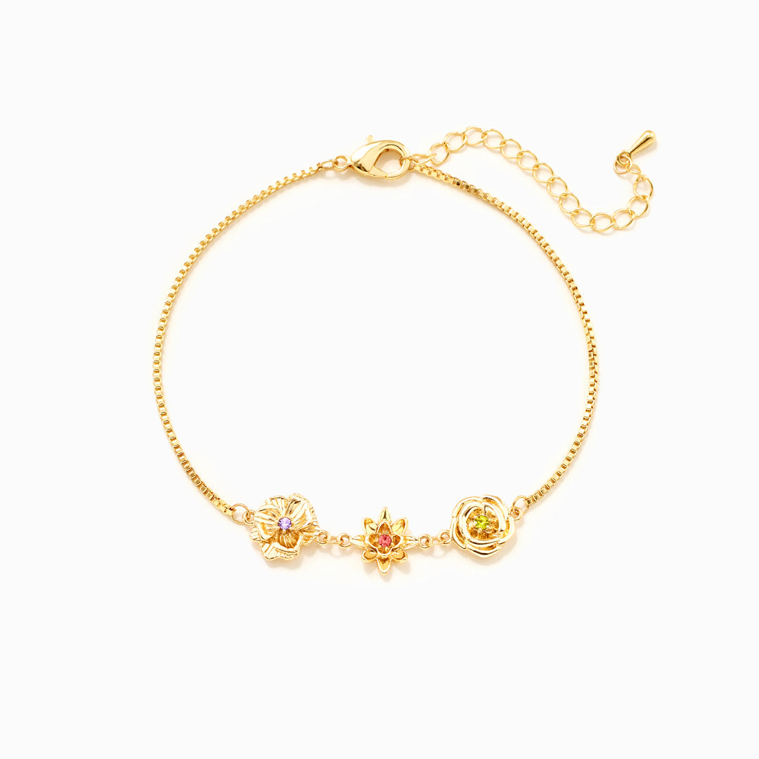 Gouden armband met 3D geboortebloemen en kleurrijke stenen