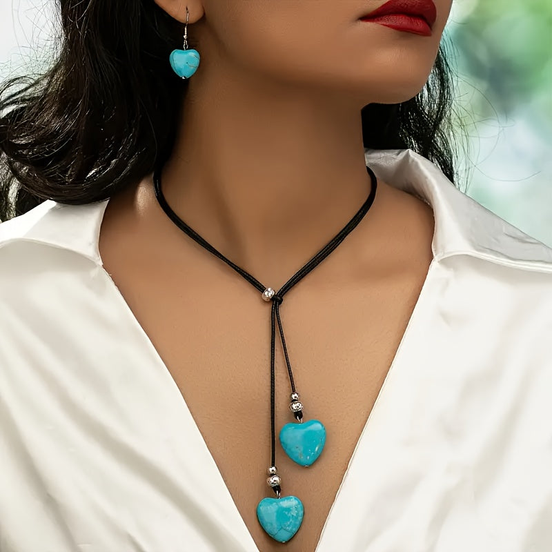Bohemian sieradenset met turkooizen harten ketting en oorbellen