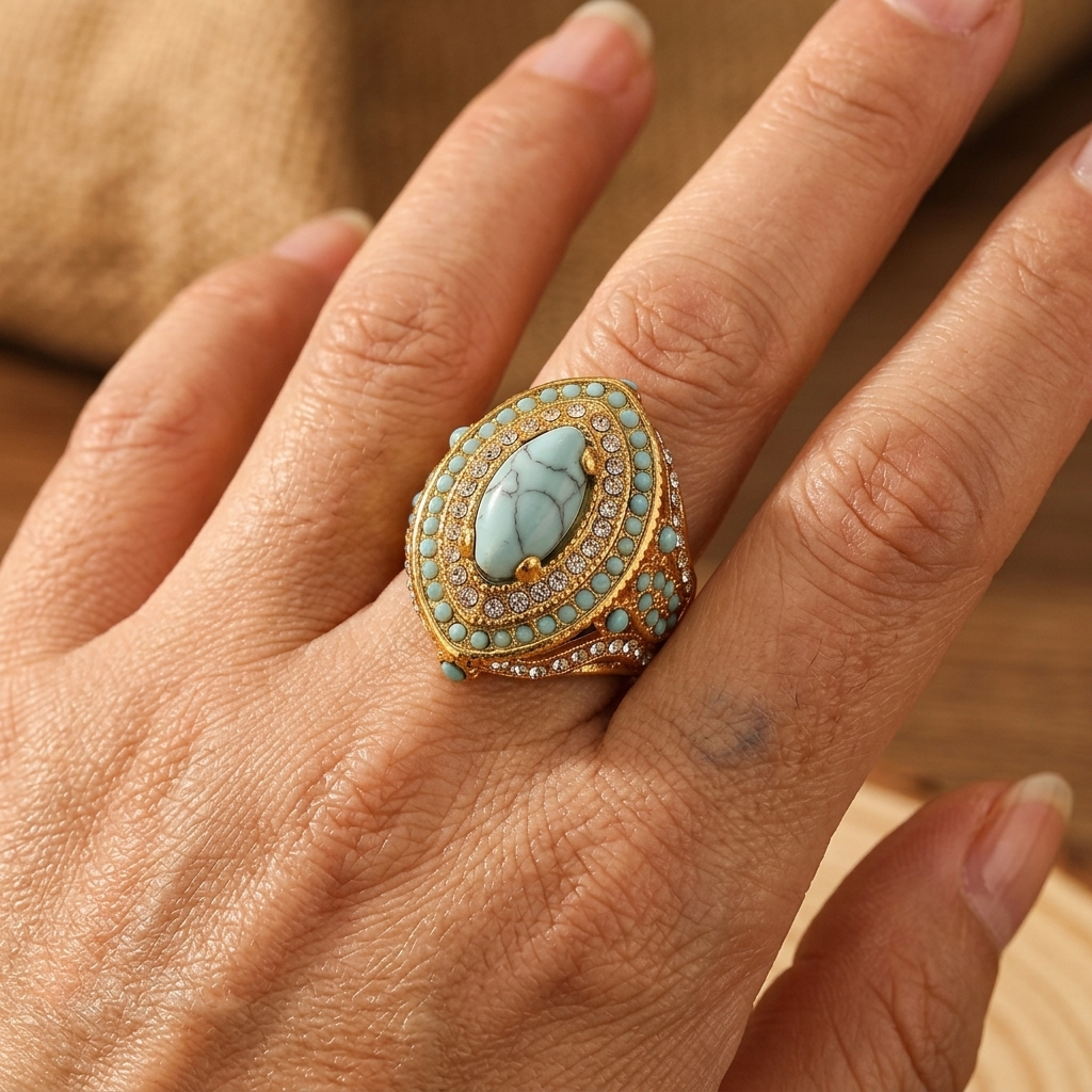 Gouden vintage ring met turquoise ovaal en strass