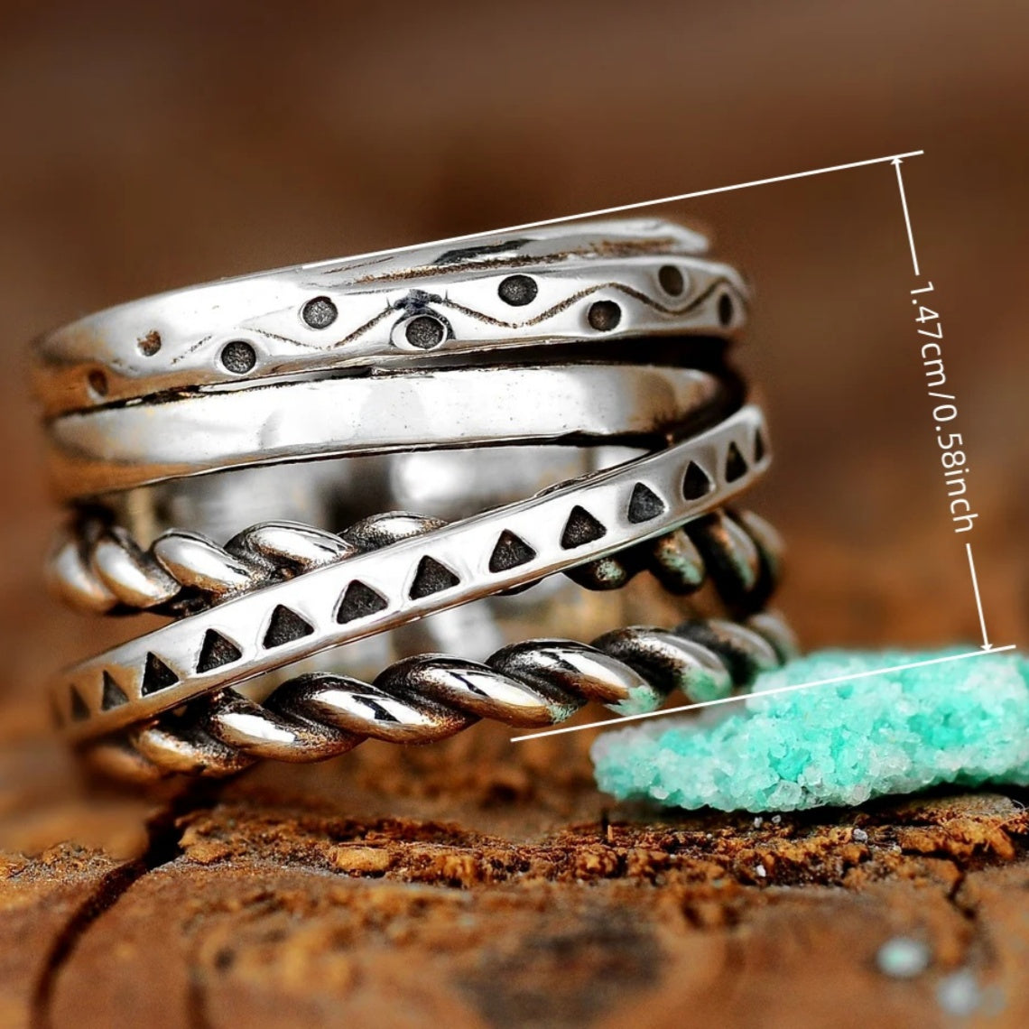 Zilveren brede draairing met turquoise accent