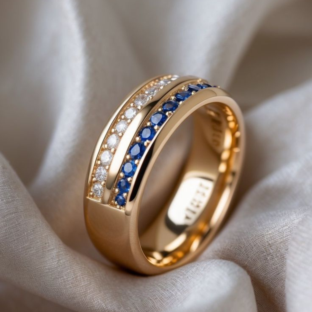 Gouden ring met blauwe en witte zirkonia