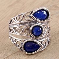 Zilveren brede ring met blauwe lapis druppelstenen