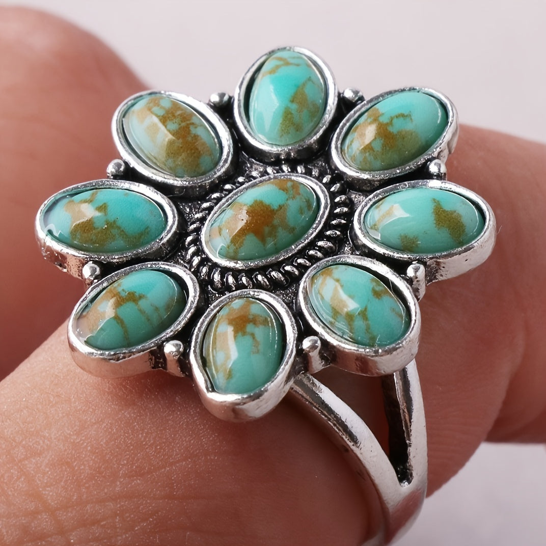 Zilveren ring met turquoise bloemcluster