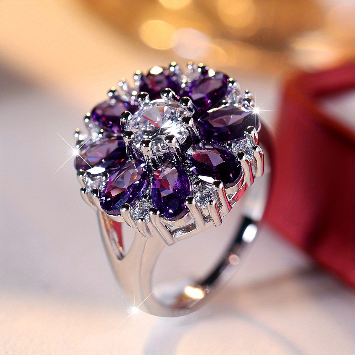 Zilveren ring met paarse en witte zirkonia bloem
