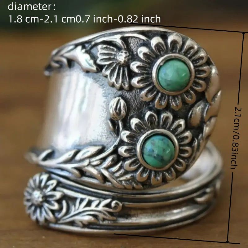 Zilveren vintage lepelring met turquoise zonnebloemen