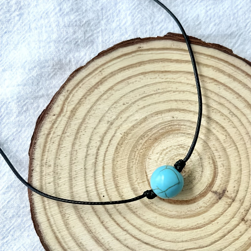 Bohemian lariat ketting van bruin koord met turkooizen kralen