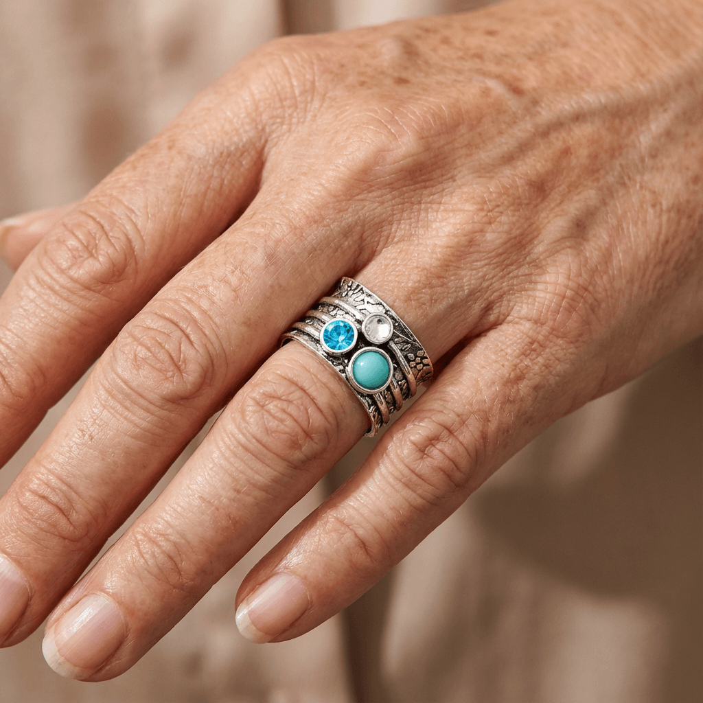 Zilveren spinner ring met blauwe edelstenen