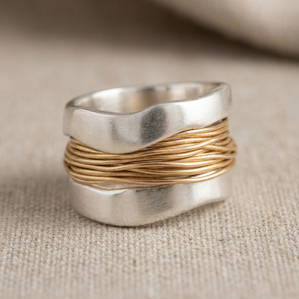 Zilveren ring met gouden draadwikkeling