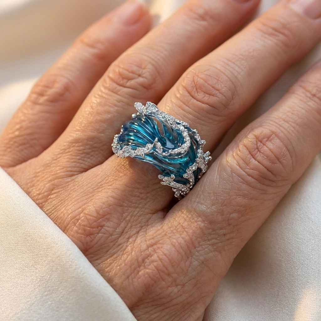 Zilveren ring met blauwe golf en zirkonia