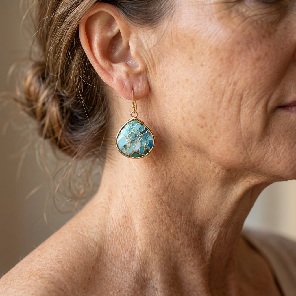 Gouden bohemian druppeloorbellen met turquoise mozaïek