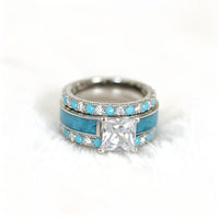 Zilveren ringenset met turquoise en vierkante zirkonia