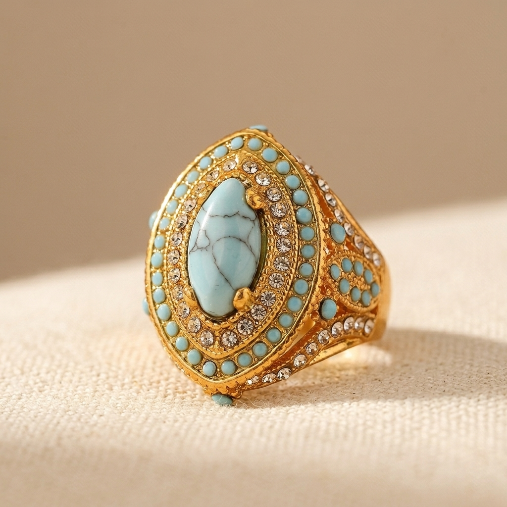 Gouden vintage ring met turquoise ovaal en strass