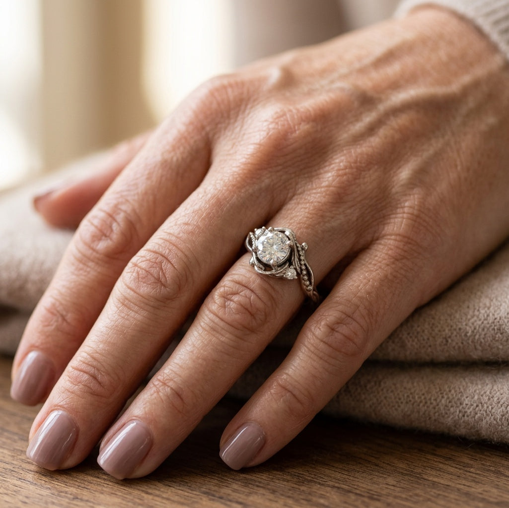 Zilveren vintage ring met ronde witte edelsteen en blaadjes