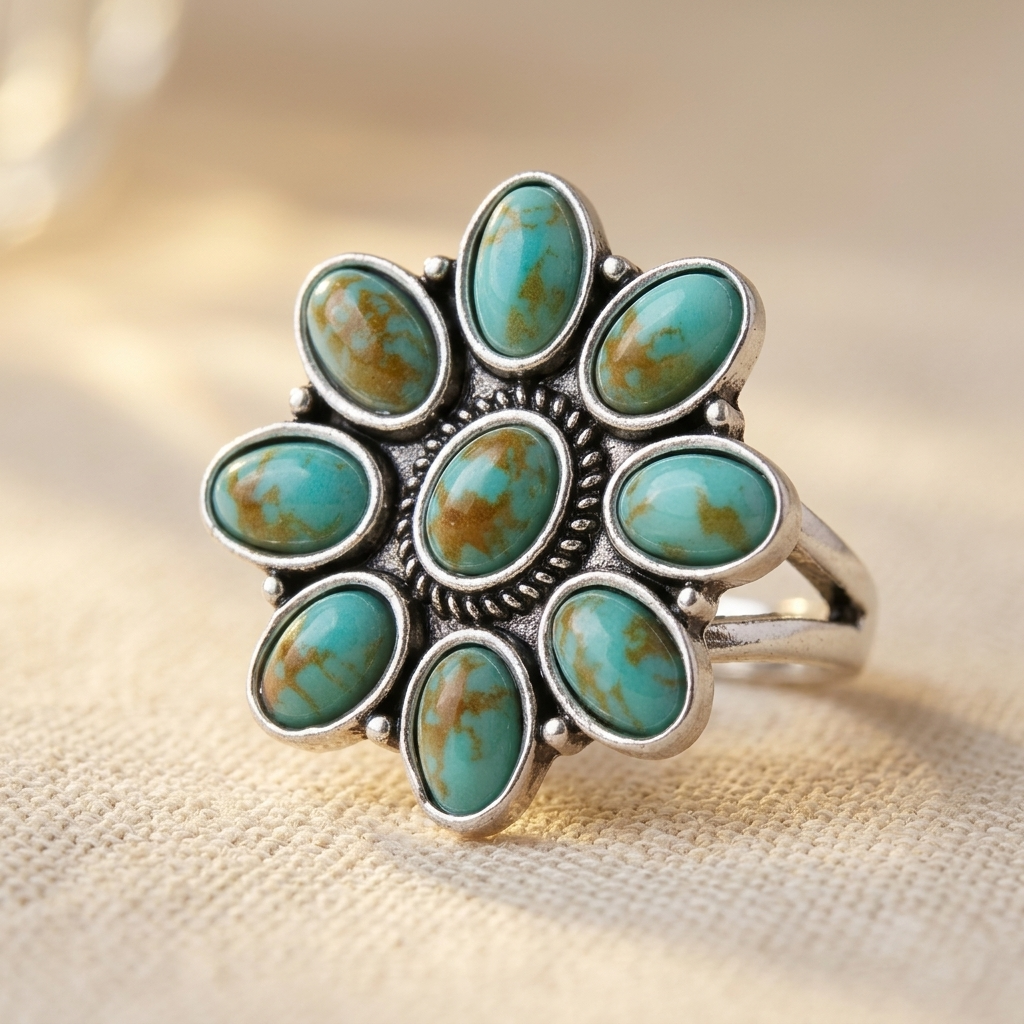 Zilveren ring met turquoise bloemcluster