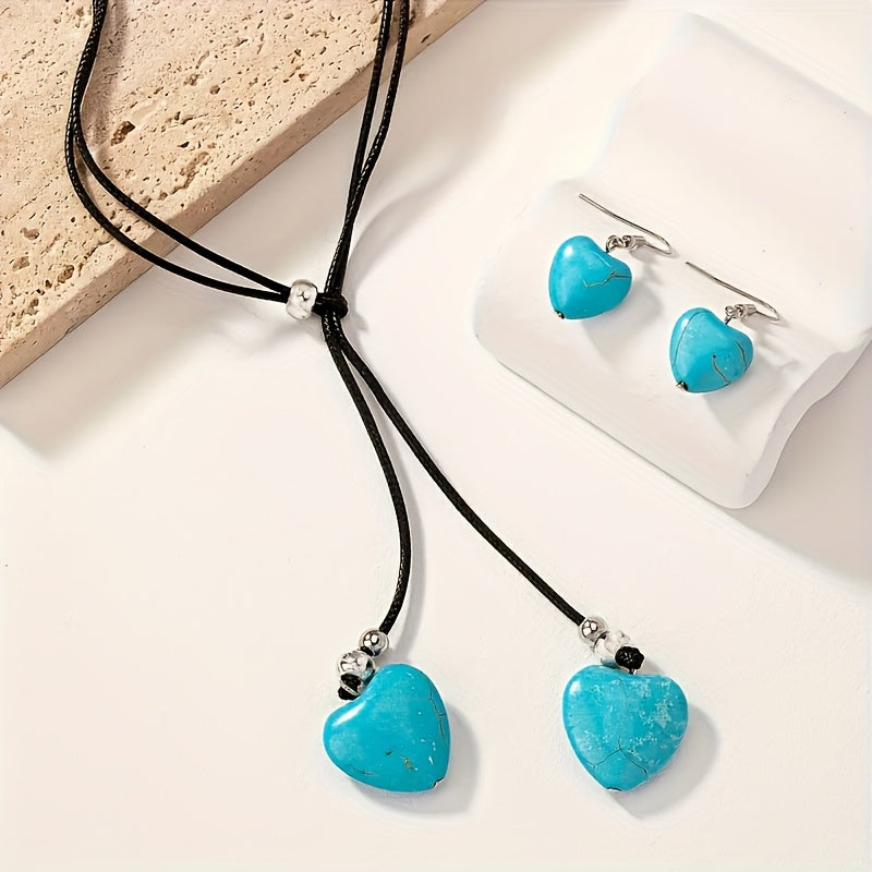 Bohemian sieradenset met turkooizen harten ketting en oorbellen