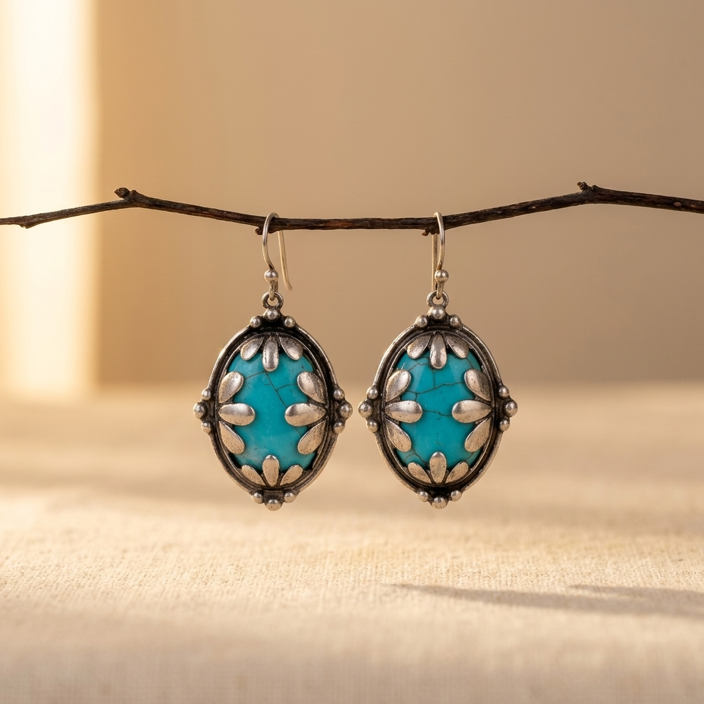 Zilveren ovale oorbellen met turquoise edelsteen