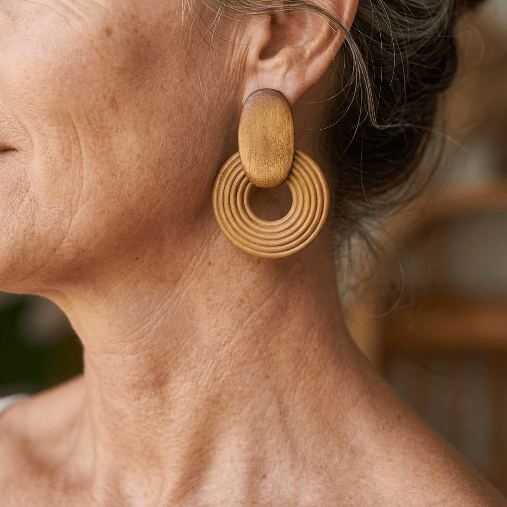 Houten oorbellen met ovaal en geribbelde ring