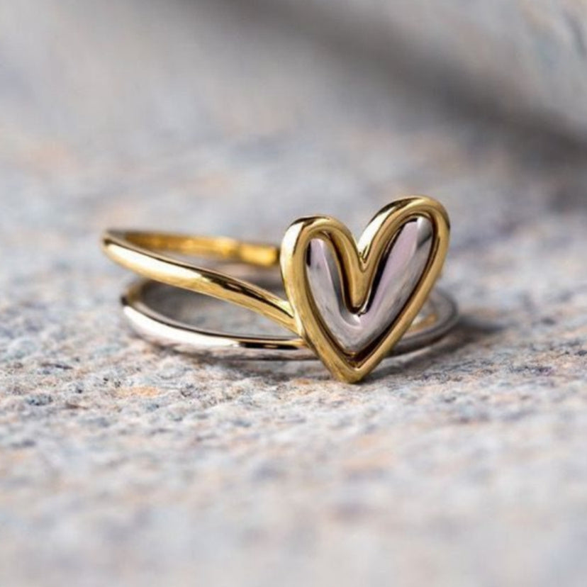 Tweekleurige gouden en zilveren ring met hart