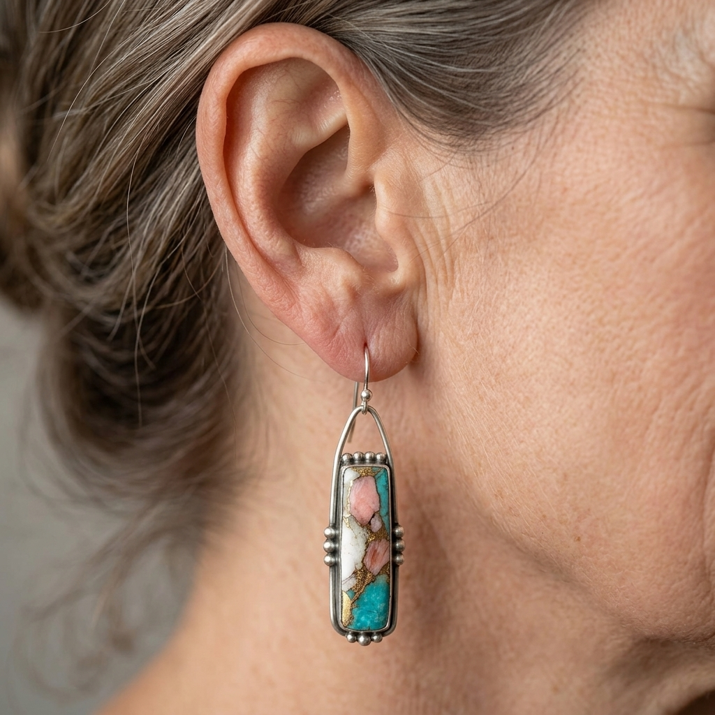 Zilveren oorbellen met turquoise en koraal rechthoek
