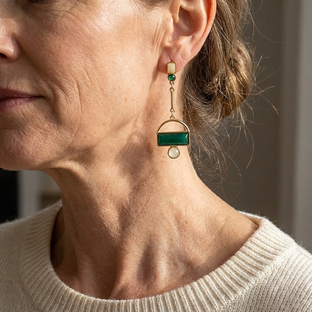 Gouden geometrische oorbellen met groen en ivoor