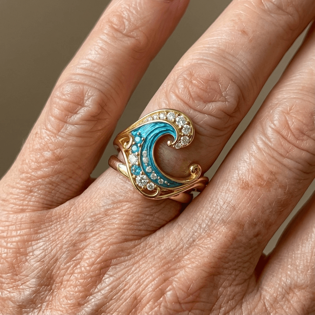 Gouden golfring met blauw emaille en kristallen