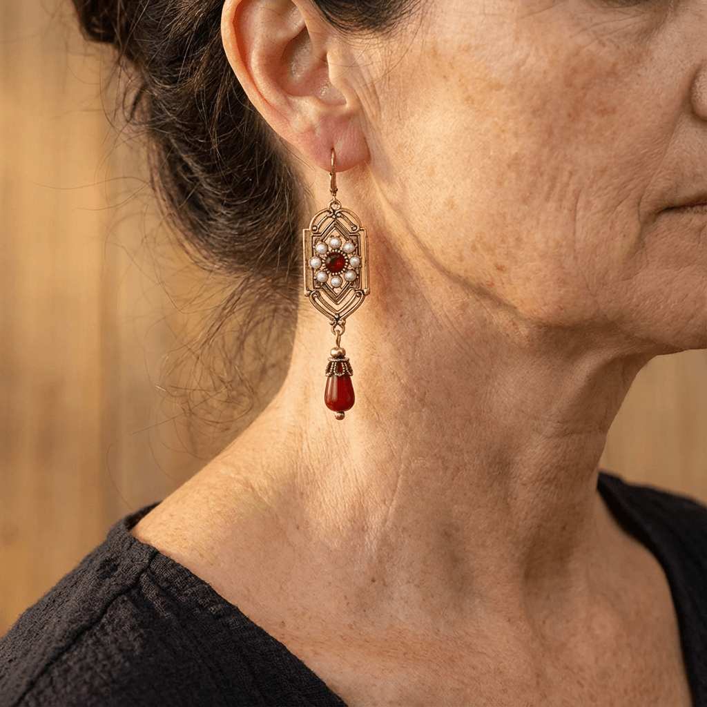 Gouden vintage oorbellen met parels en rode druppel