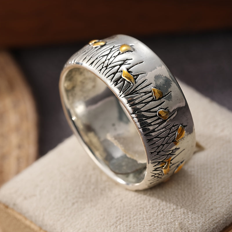 Zilveren vintage ring met gouden vogels en bladeren
