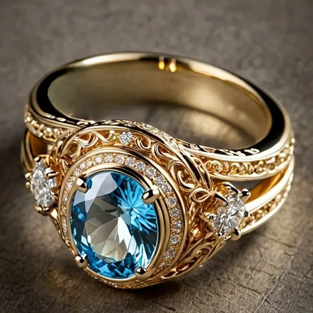 Gouden vintage ring met blauwe ovale edelsteen