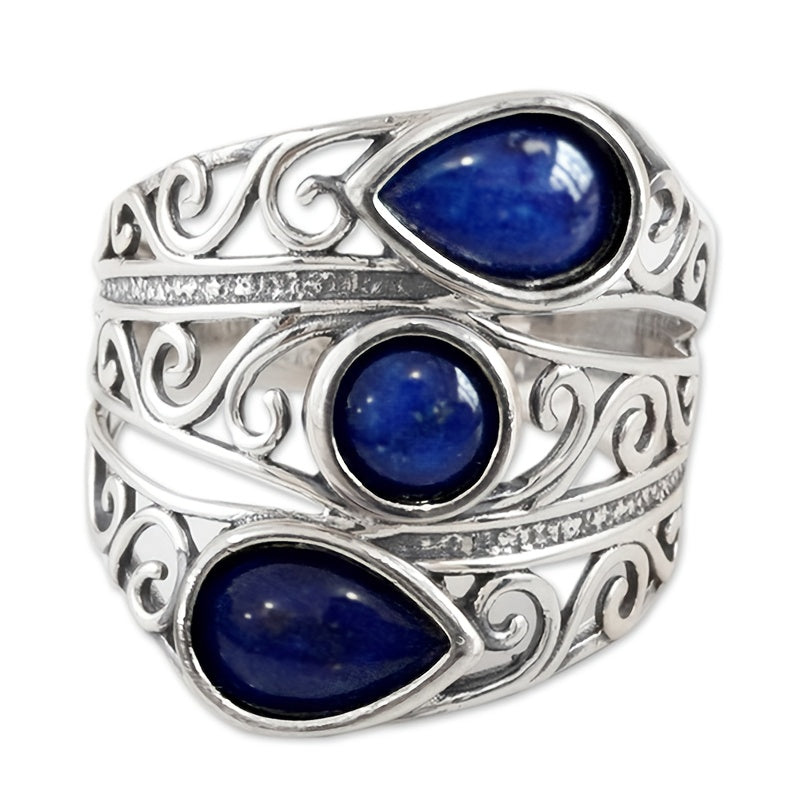 Zilveren brede ring met blauwe lapis druppelstenen
