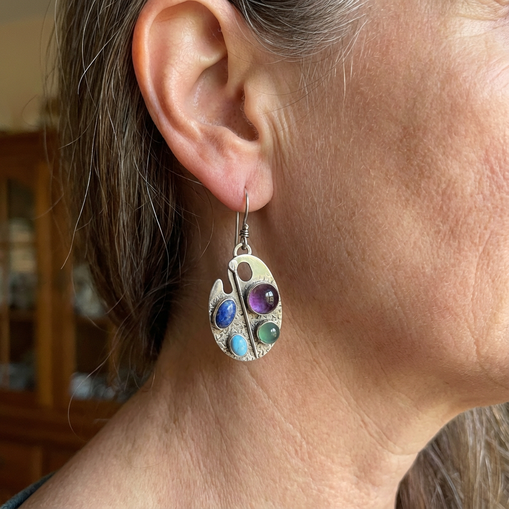 Zilveren palet-oorbellen met meerkleurige cabochons
